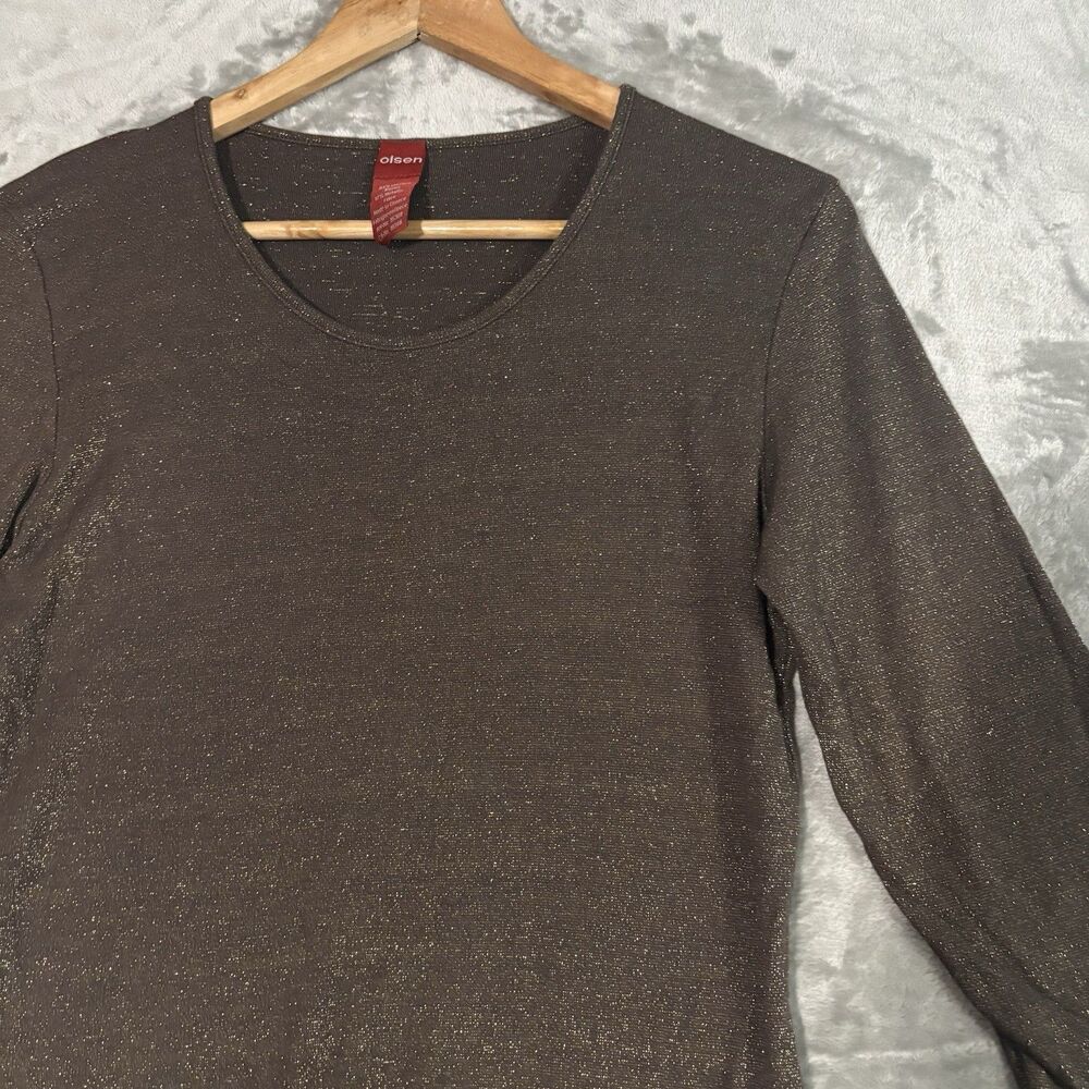 Olsen Blouse 6 Brown Shimmer Metallic Knit Scoop Neck Y2K Holiday Chic Boho